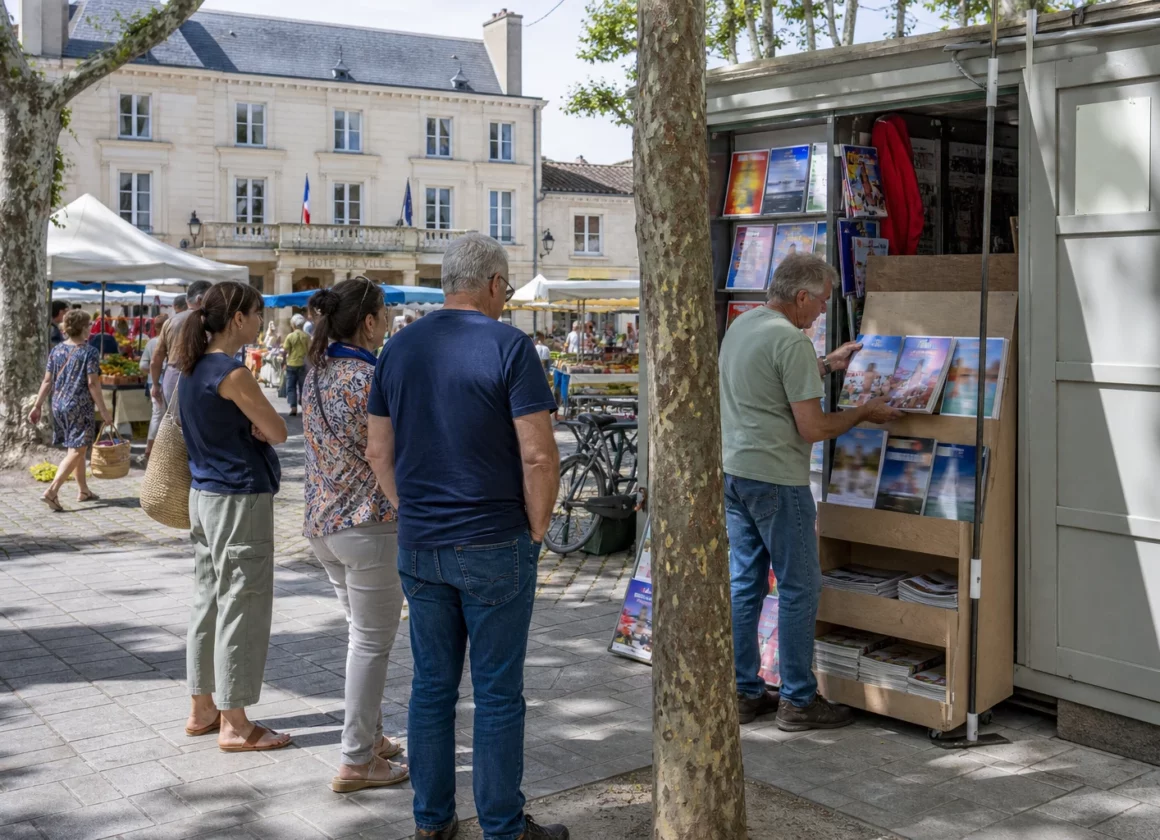 Kiosque à journaux dans une place française, avec habitants anonymes et magazines aux couvertures floutées