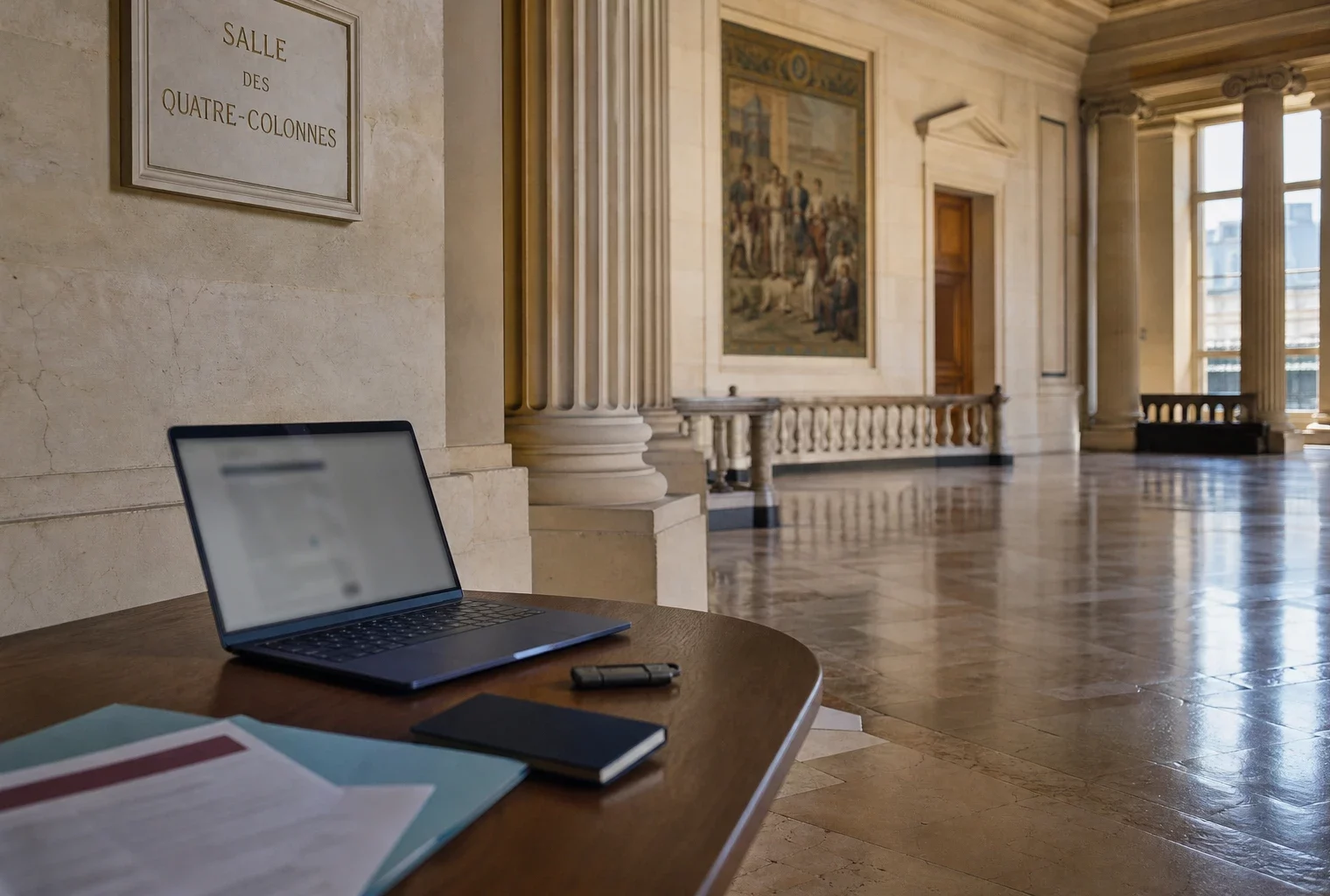 Salle parlementaire française avec ordinateur sécurisé et dossier flou, évoquant le piratage des données fiscales