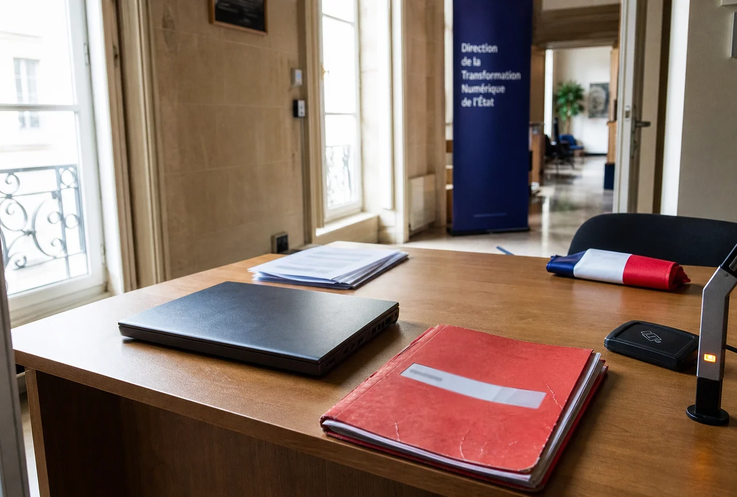 Bureau administratif français avec ordinateur fermé et dossier rouge, évoquant la sécurité des données fiscales de la DGFiP