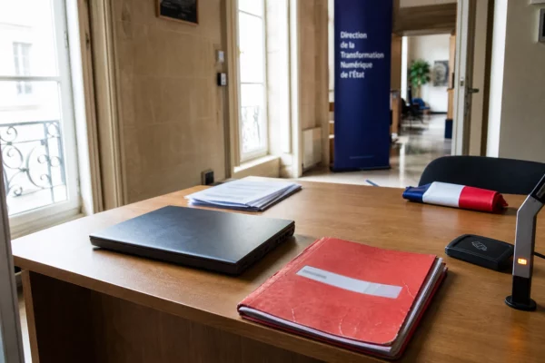 Bureau administratif français avec ordinateur fermé et dossier rouge, évoquant la sécurité des données fiscales de la DGFiP