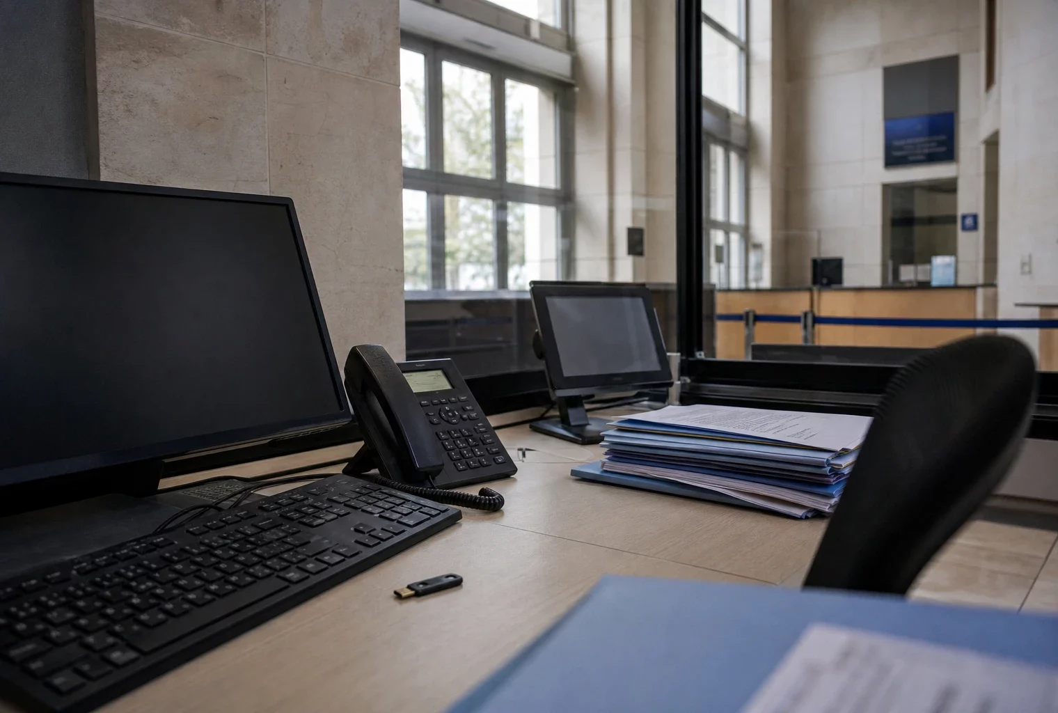 Salle informatique d’une administration fiscale française avec terminal sécurisé et dossiers anonymisés