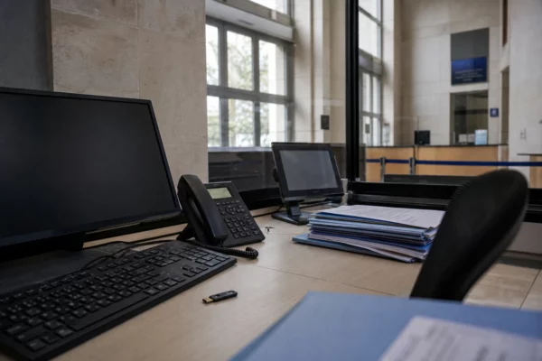 Salle informatique d’une administration fiscale française avec terminal sécurisé et dossiers anonymisés