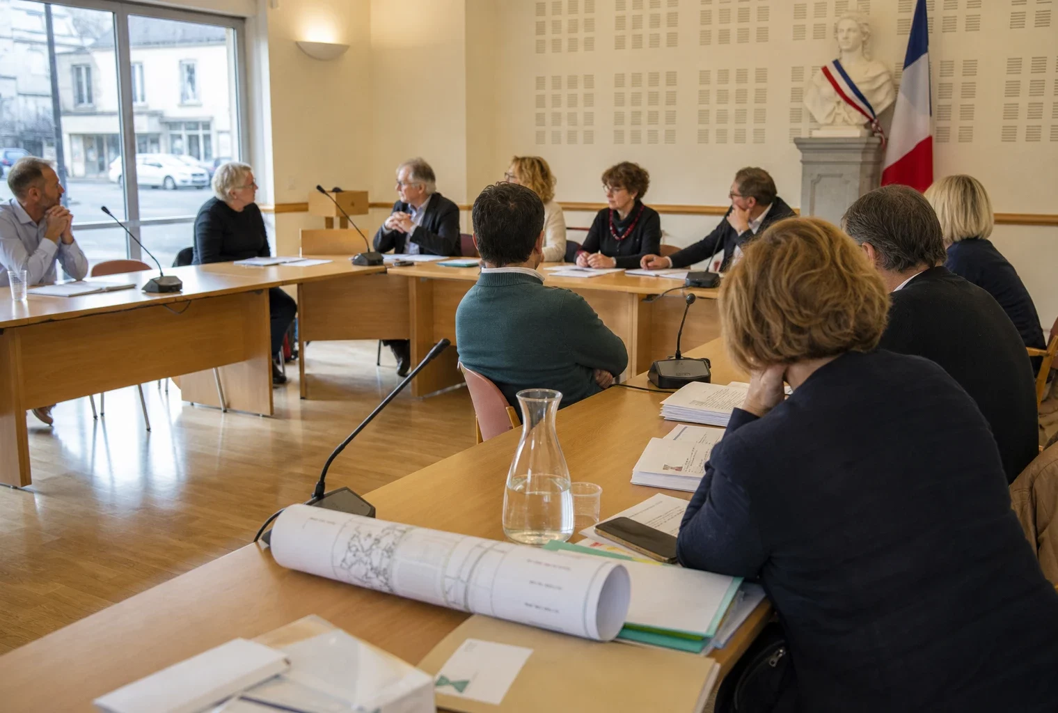 Réunion d’un conseil municipal français sur la gestion de l’eau, avec micros, dossiers et une chaise vide