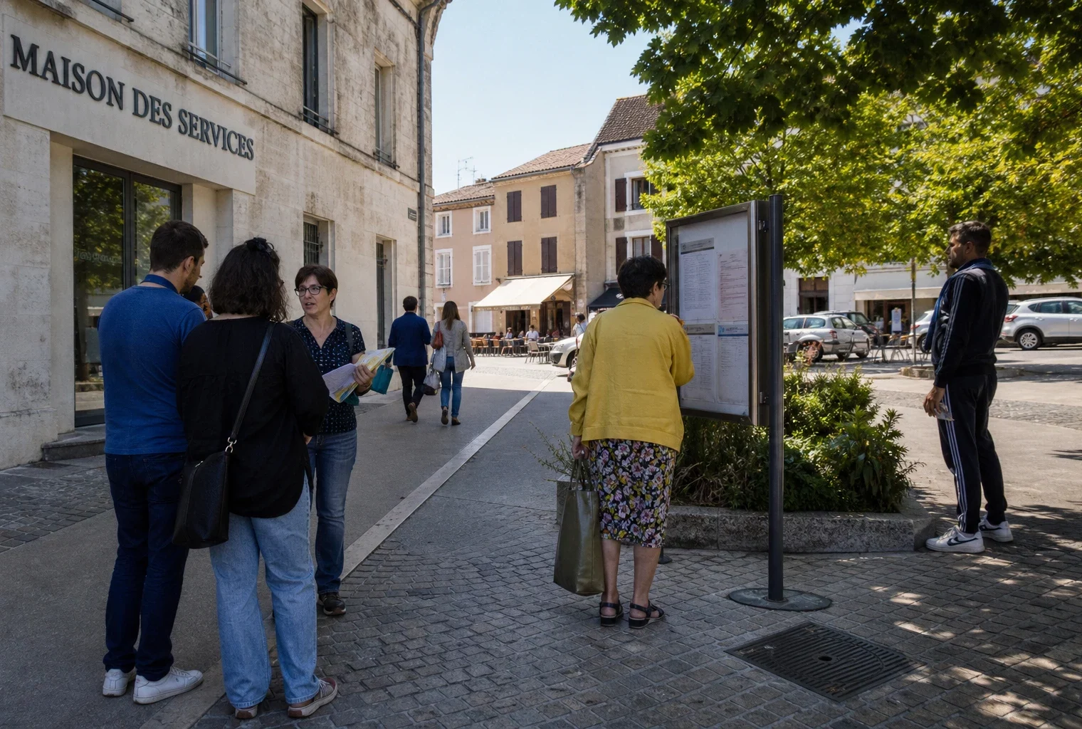 Scène de service public dans une ville française illustrant les enjeux locaux de la politique migratoire européenne