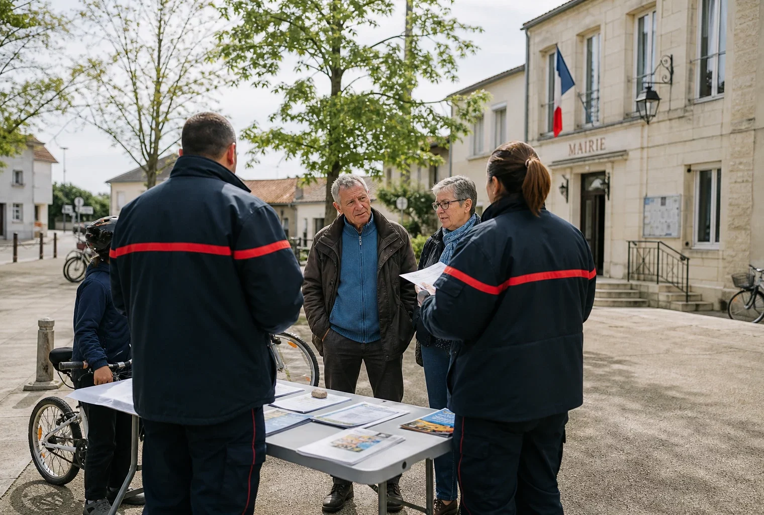 Pompiers échangeant avec des habitants sur l’adaptation climatique dans une place de ville française