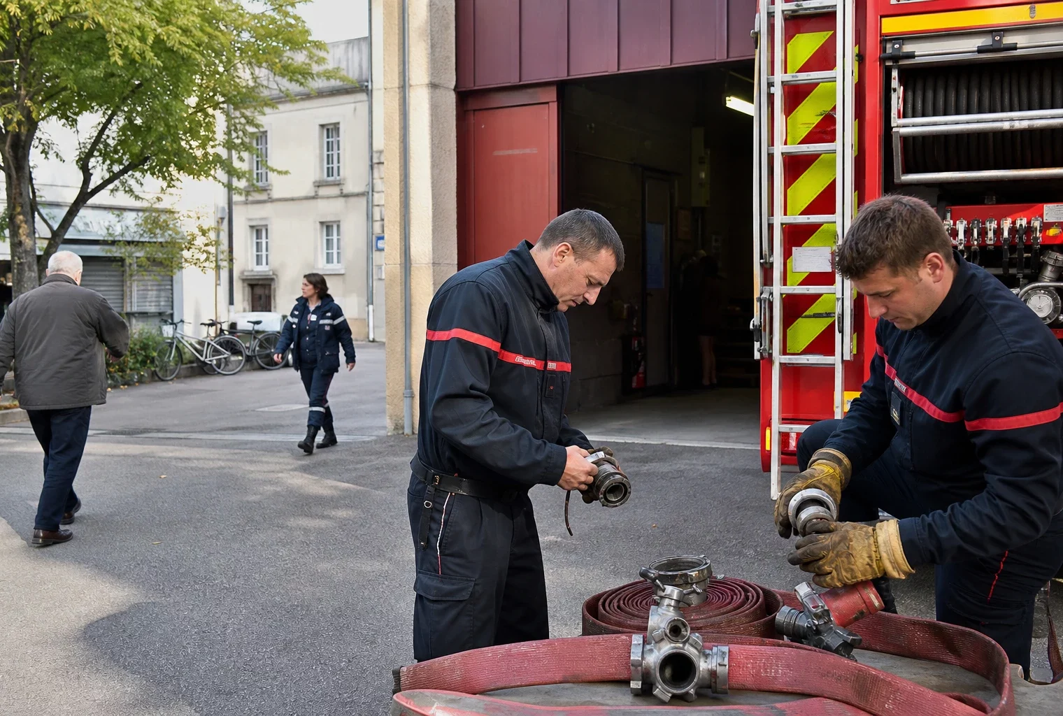Pompiers inspectant leur équipement devant une caserne municipale dans une ville française
