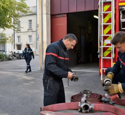 Pompiers inspectant leur équipement devant une caserne municipale dans une ville française