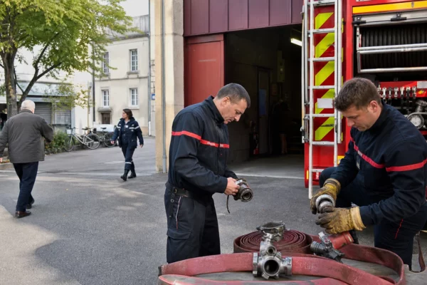 Pompiers inspectant leur équipement devant une caserne municipale dans une ville française