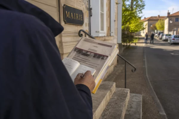 Élu local consultant un dossier sur les pompiers devant une mairie française, dans une lumière douce et naturelle