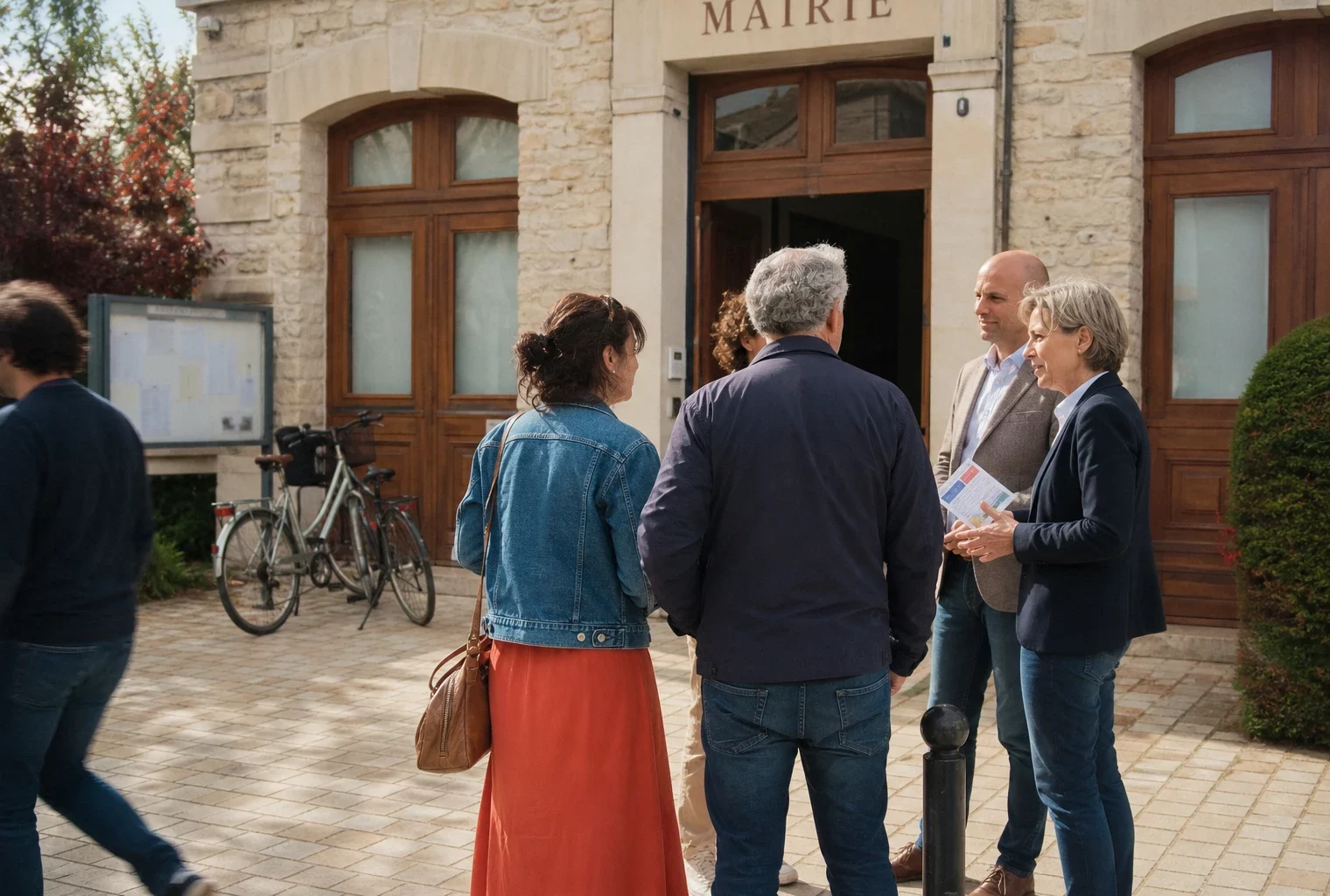 Citoyens échangeant avec des élus anonymes devant une mairie française, dans une scène politique locale lumineuse