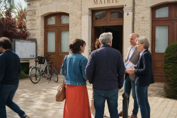 Citoyens échangeant avec des élus anonymes devant une mairie française, dans une scène politique locale lumineuse