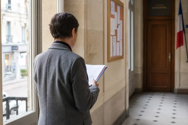 Élu local anonyme dans une mairie française, dossier en main, en lien avec la crise du détroit d’Ormuz.