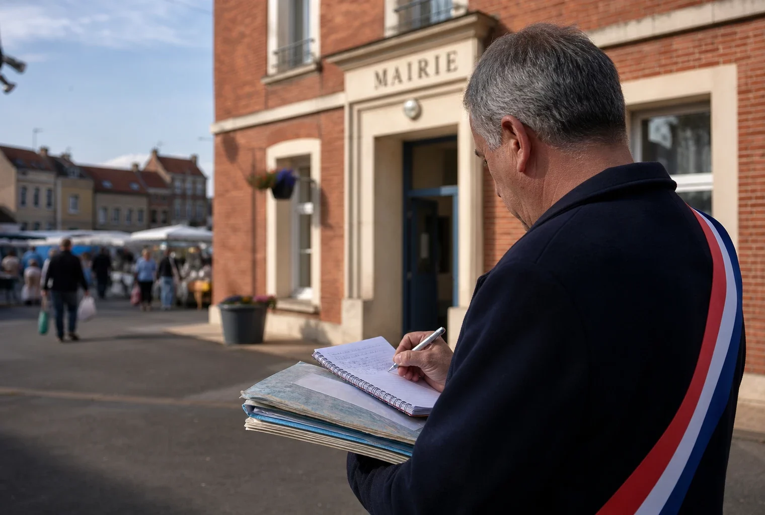 Élu local anonyme consultant un dossier devant la mairie de Harnes, avec la rue et le marché en arrière-plan