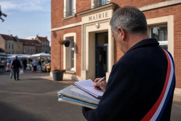 Élu local anonyme consultant un dossier devant la mairie de Harnes, avec la rue et le marché en arrière-plan