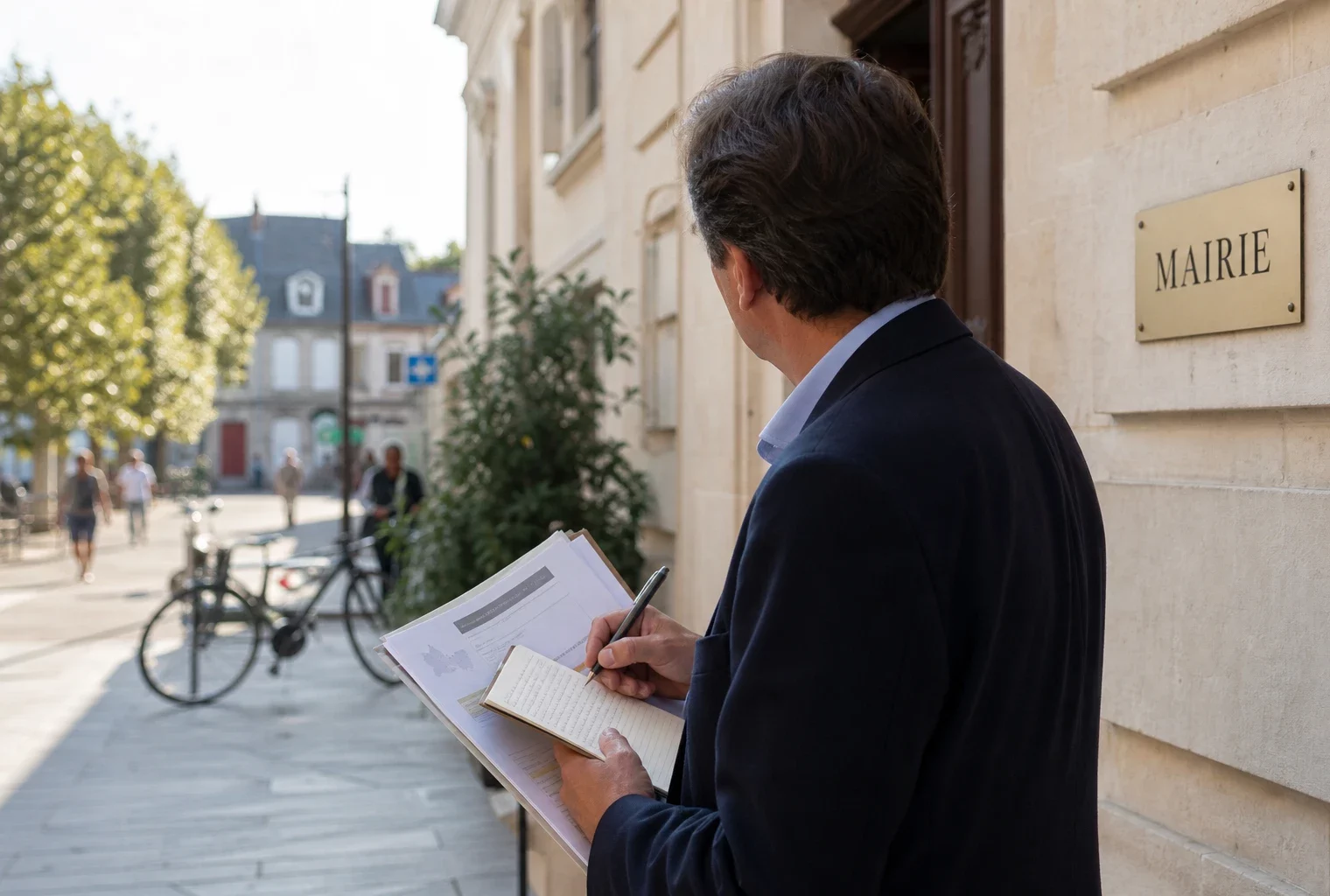 Élu local annotant un dossier devant une mairie française, symbole du premier test militant de Glucksmann