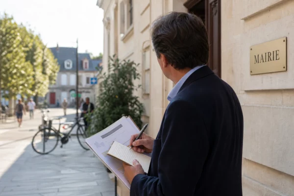 Élu local annotant un dossier devant une mairie française, symbole du premier test militant de Glucksmann