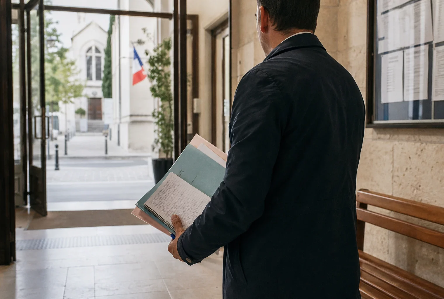 Un élu local de dos tient un dossier dans un couloir de mairie baigné de lumière naturelle.