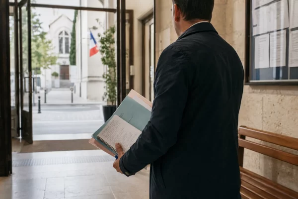 Un élu local de dos tient un dossier dans un couloir de mairie baigné de lumière naturelle.