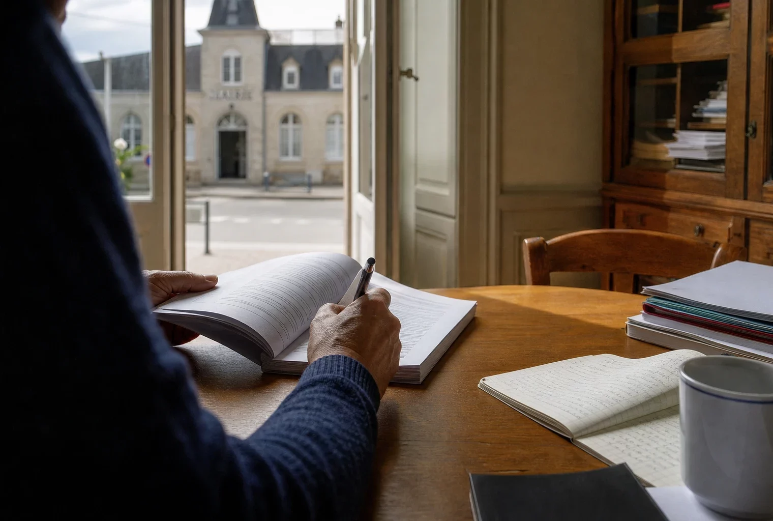 Collaborateur politique anonyme annotant un dossier dans une mairie française avant le débat présidentiel de 2027