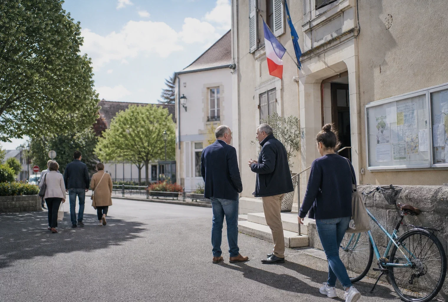 Deux responsables publics anonymes échangent devant une mairie d’une ville moyenne française, sous une lumière naturelle claire.