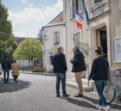 Deux responsables publics anonymes échangent devant une mairie d’une ville moyenne française, sous une lumière naturelle claire.