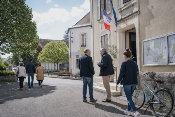 Deux responsables publics anonymes échangent devant une mairie d’une ville moyenne française, sous une lumière naturelle claire.