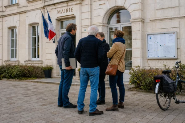 Citoyens échangeant avec un élu anonyme devant une mairie française, dans une scène de proximité politique locale