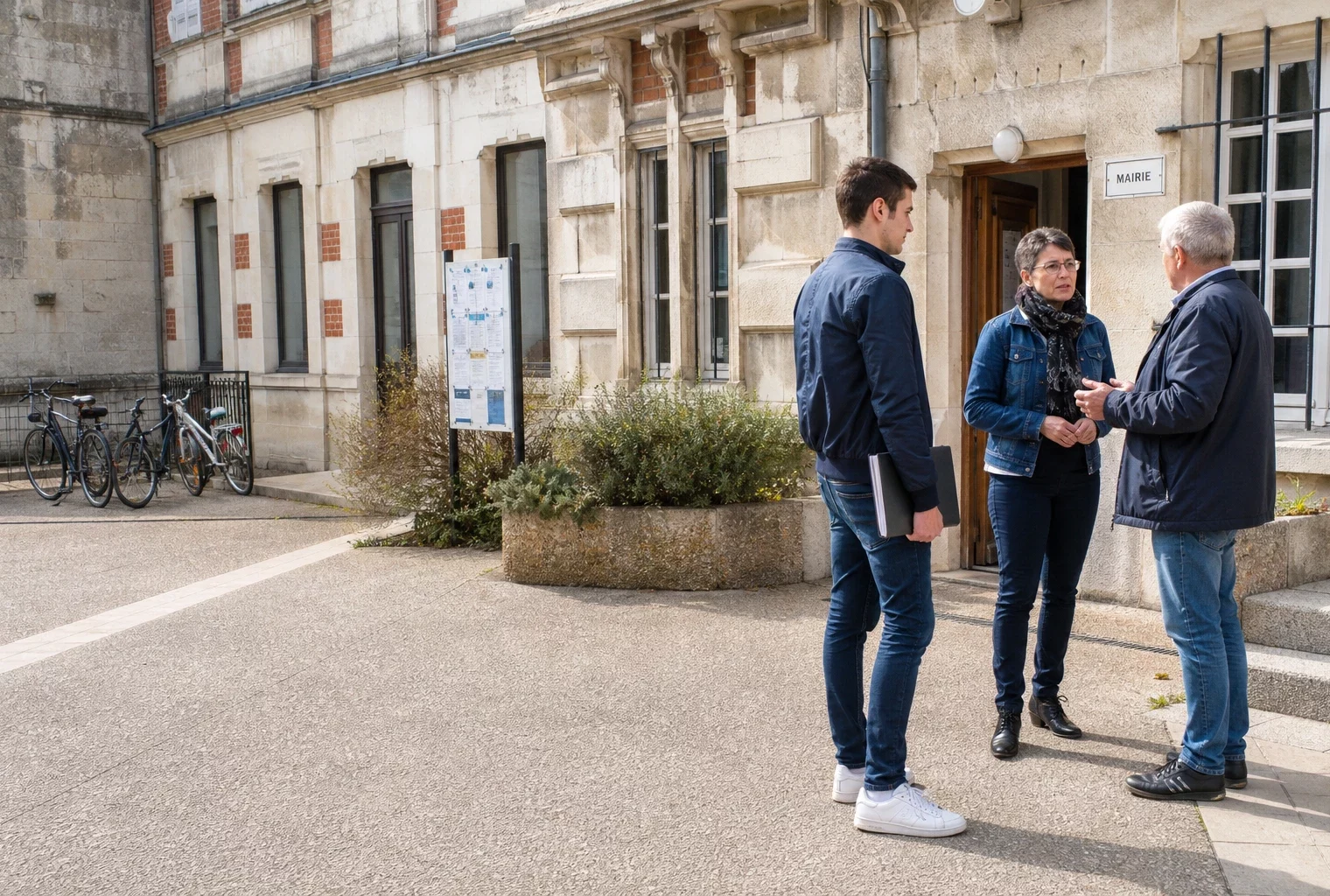 Citoyens anonymes échangeant devant une mairie française, symbole d’une présidentielle 2027 encore incertaine