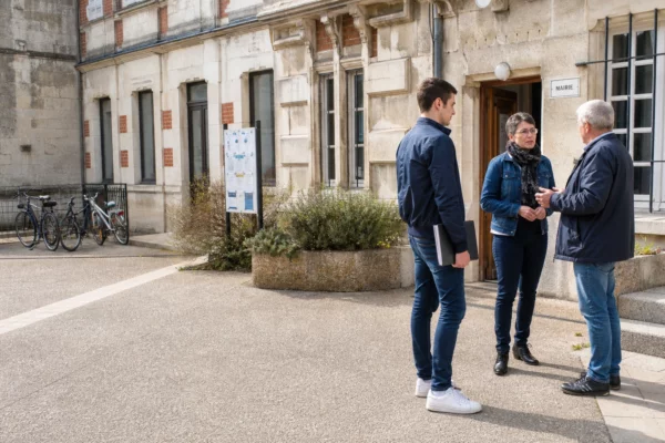 Citoyens anonymes échangeant devant une mairie française, symbole d’une présidentielle 2027 encore incertaine
