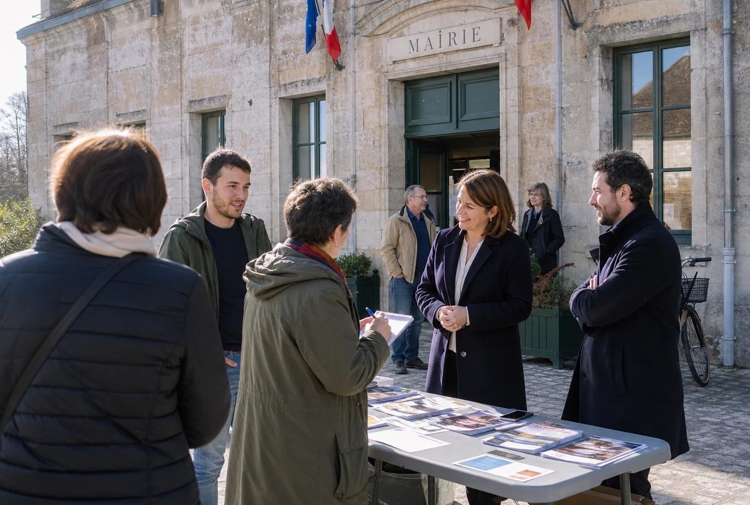 Citoyens anonymes échangeant avec des élus devant une mairie française, dans une scène de vie politique locale