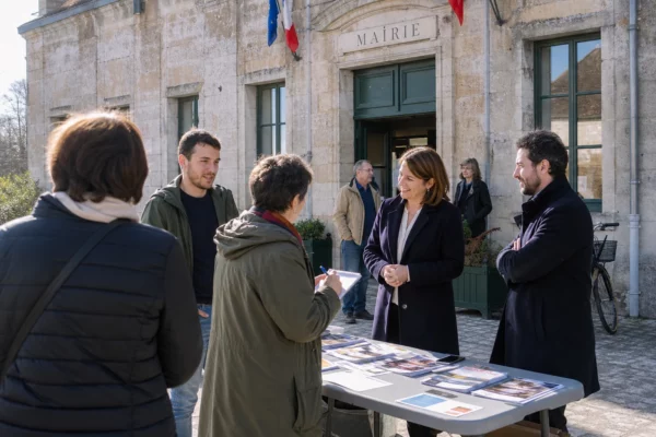 Citoyens anonymes échangeant avec des élus devant une mairie française, dans une scène de vie politique locale