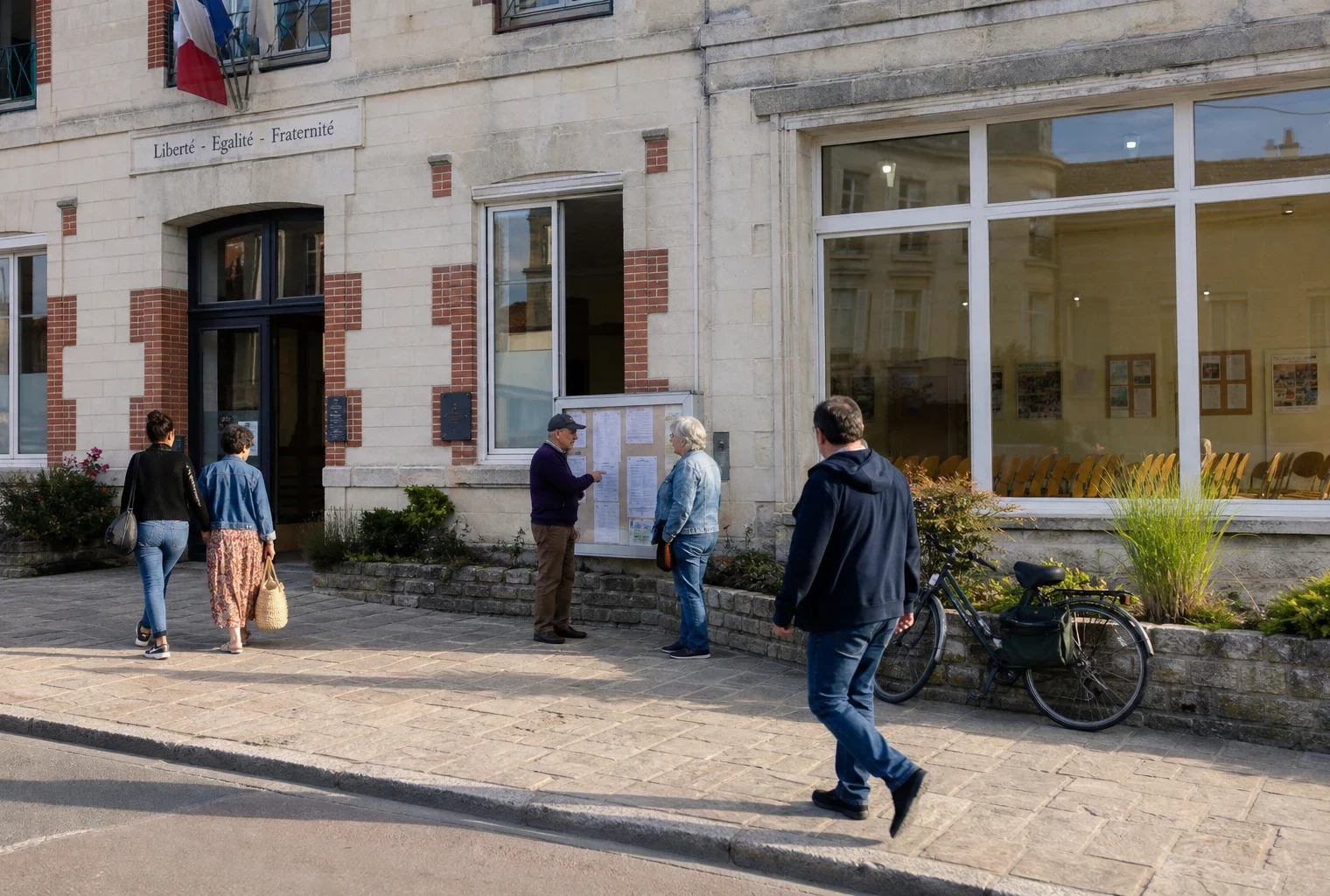 Rue d’une ville moyenne française devant un bâtiment municipal, avec des habitants anonymes dans une lumière claire de fin de journée