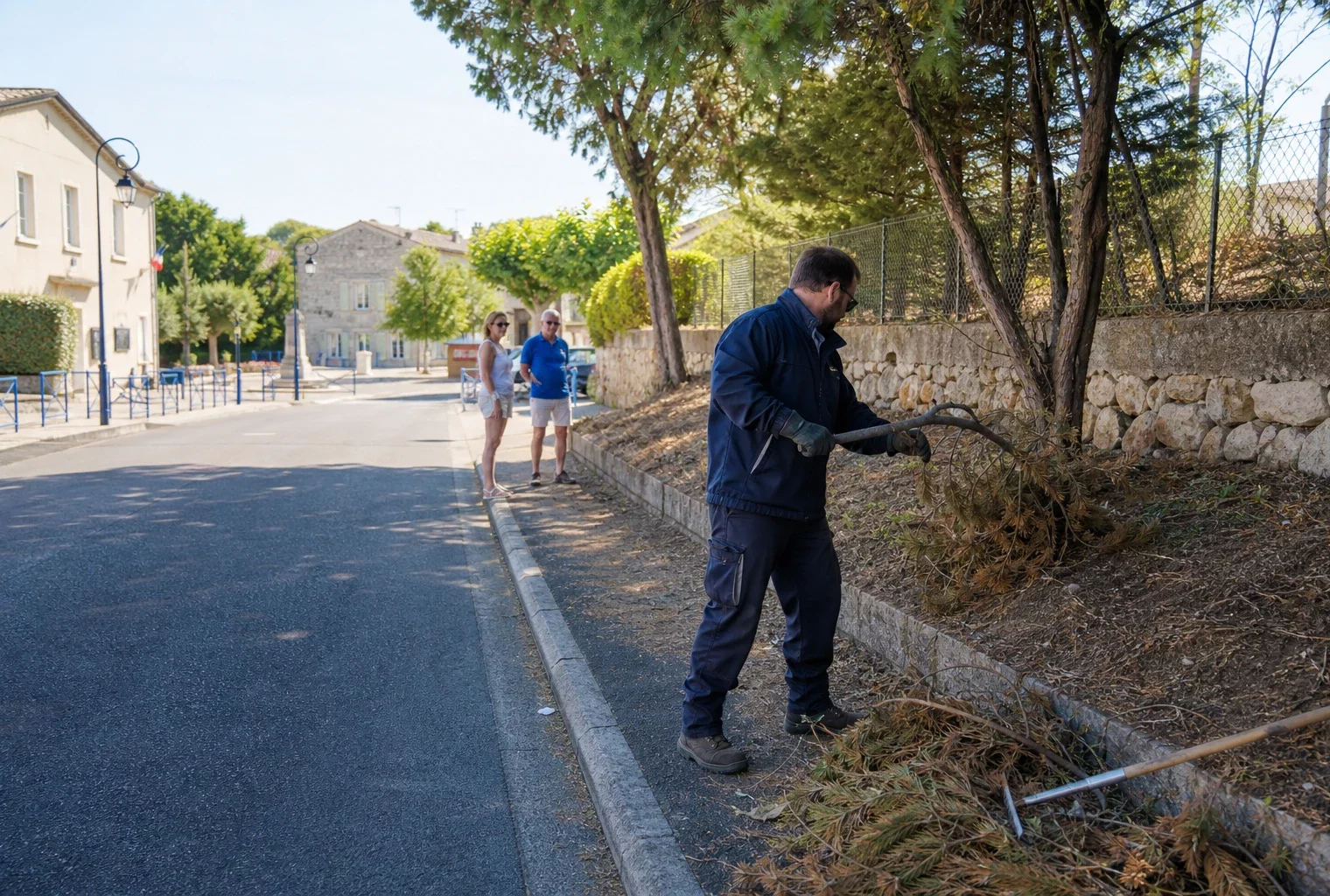 Agent municipal débroussaillant une rue près d’une commune française pour prévenir les feux de forêt