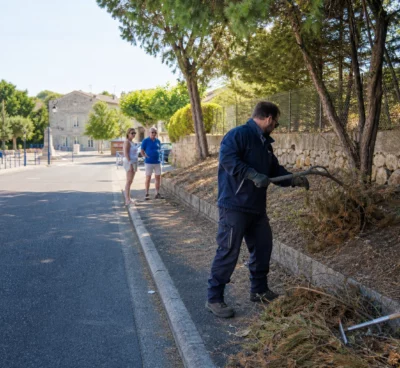 Agent municipal débroussaillant une rue près d’une commune française pour prévenir les feux de forêt