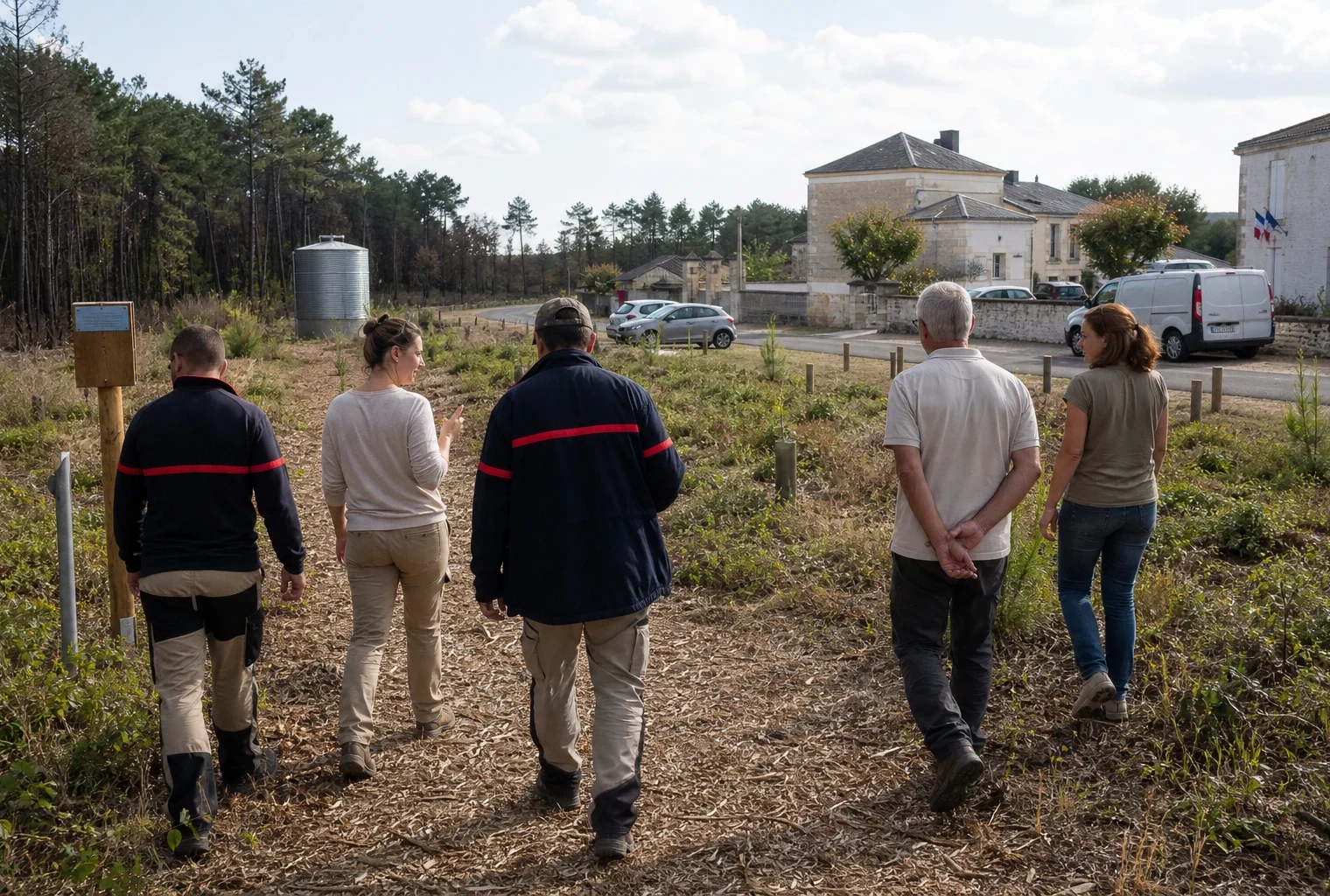 Habitants et agents municipaux inspectant une forêt girondine aménagée pour prévenir les mégafeux