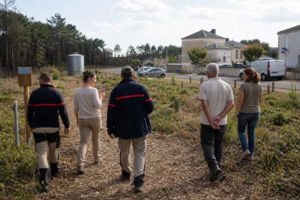Habitants et agents municipaux inspectant une forêt girondine aménagée pour prévenir les mégafeux