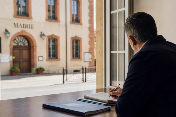 Élu local anonyme prenant des notes dans une mairie française pour illustrer les débats sur la primaire de 2027
