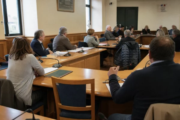 Salle municipale française avant une réunion politique, avec micros, dossiers flous et une chaise vide autour d’une table