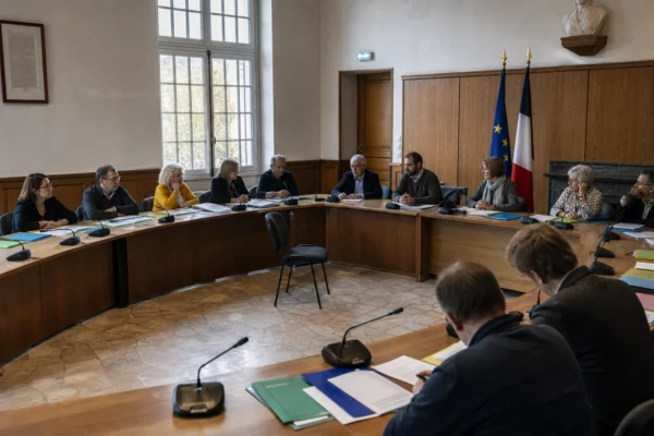 Salle municipale française réunissant des citoyens autour de micros et dossiers, avec une chaise vide en retrait