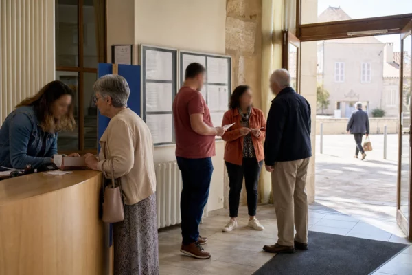 Citoyens anonymes échangeant dans le hall lumineux d’une mairie française autour d’une réunion politique locale