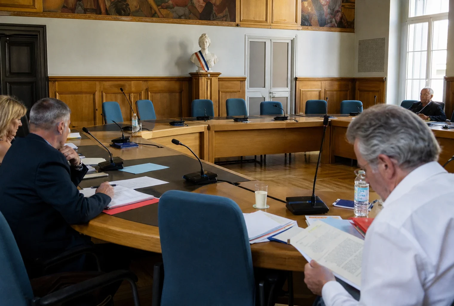 Salle de conseil municipal française avec chaises vides, micros et dossiers avant un débat politique