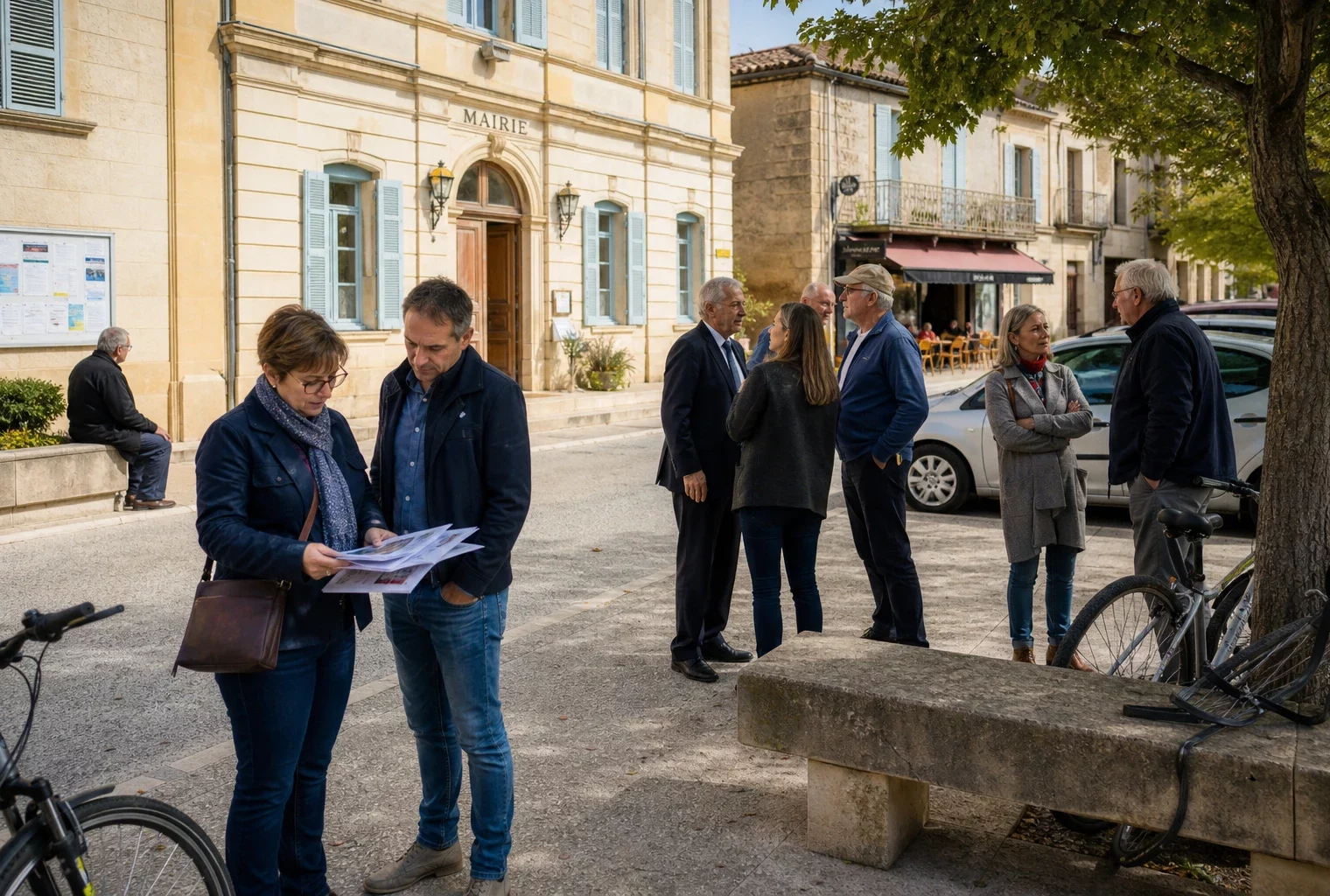 Habitants et élus anonymes discutant devant une mairie d’une ville française, dans une scène civique claire et naturelle