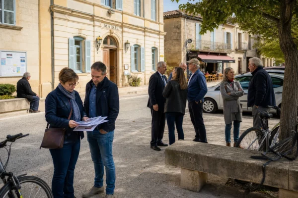 Habitants et élus anonymes discutant devant une mairie d’une ville française, dans une scène civique claire et naturelle