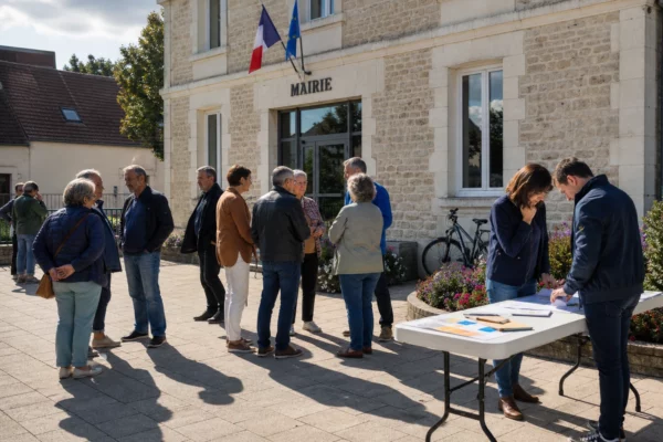 Citoyens anonymes échangeant devant une mairie française lors d’une scène de vie démocratique locale