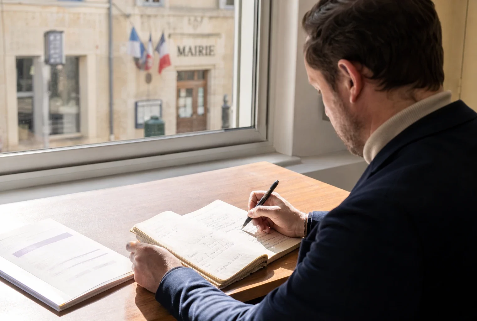 Élu local anonyme prenant des notes dans une mairie française pour illustrer le débat sur la primaire de gauche