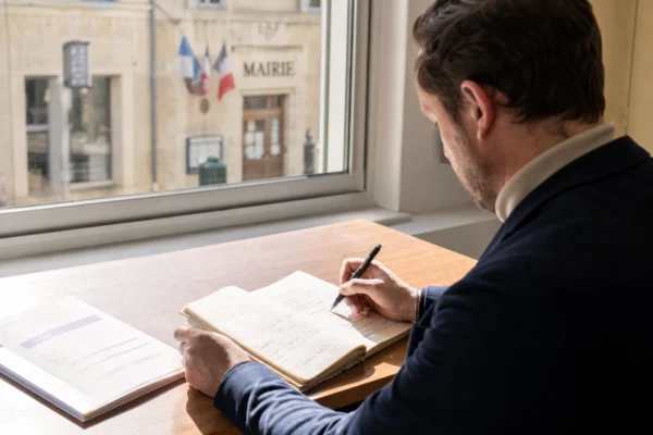 Élu local anonyme prenant des notes dans une mairie française pour illustrer le débat sur la primaire de gauche