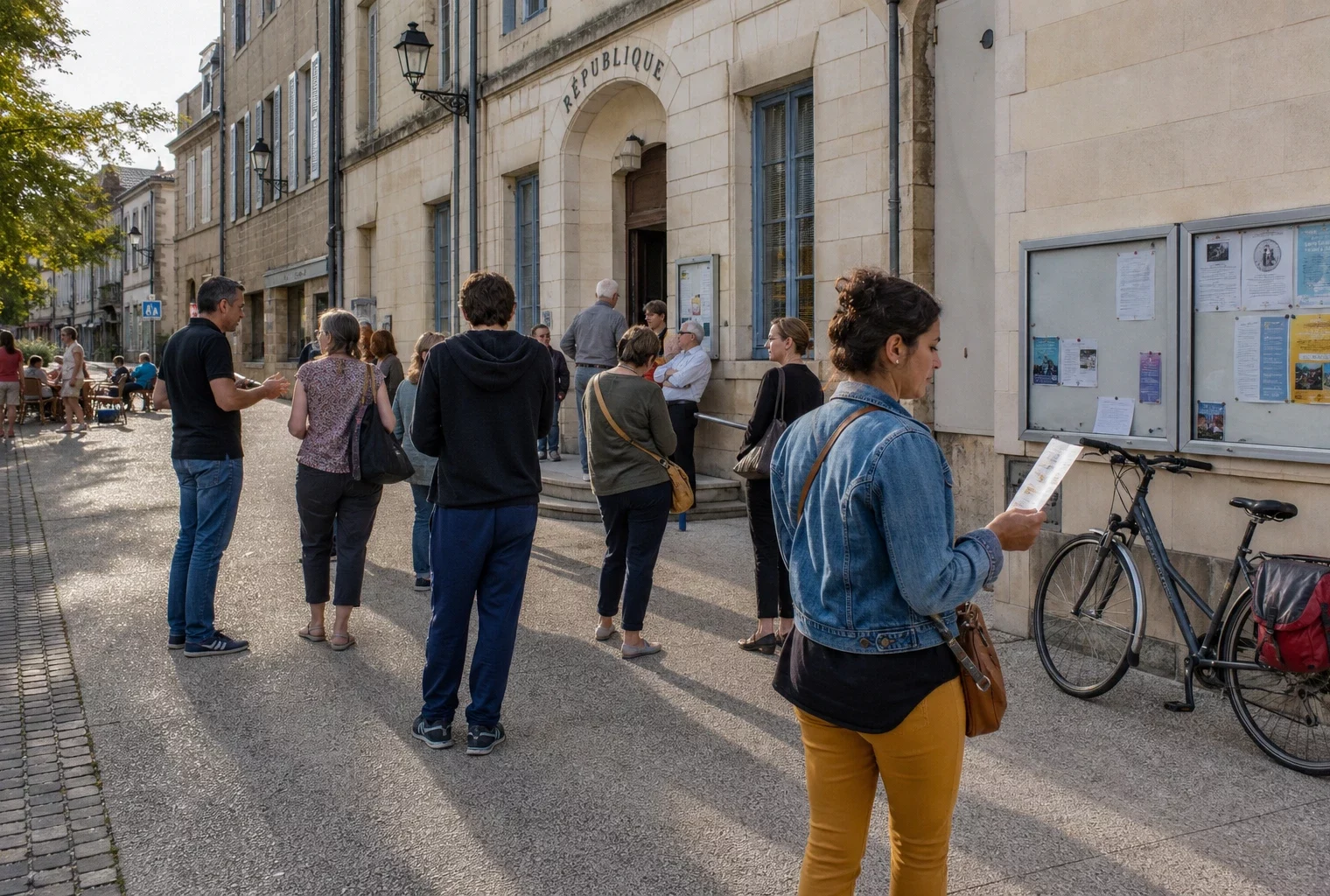 Habitants anonymes réunis sur une place française pour un échange civique avant la présidentielle de 2027