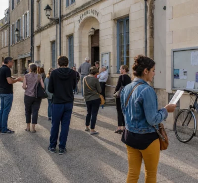 Habitants anonymes réunis sur une place française pour un échange civique avant la présidentielle de 2027