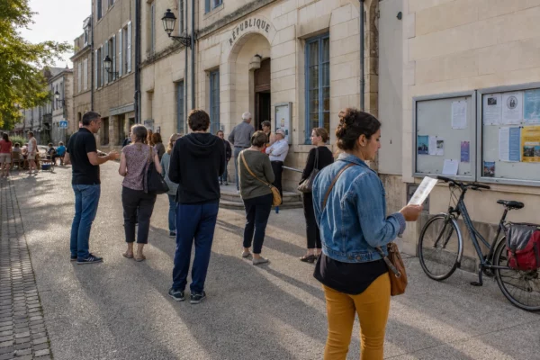 Habitants anonymes réunis sur une place française pour un échange civique avant la présidentielle de 2027