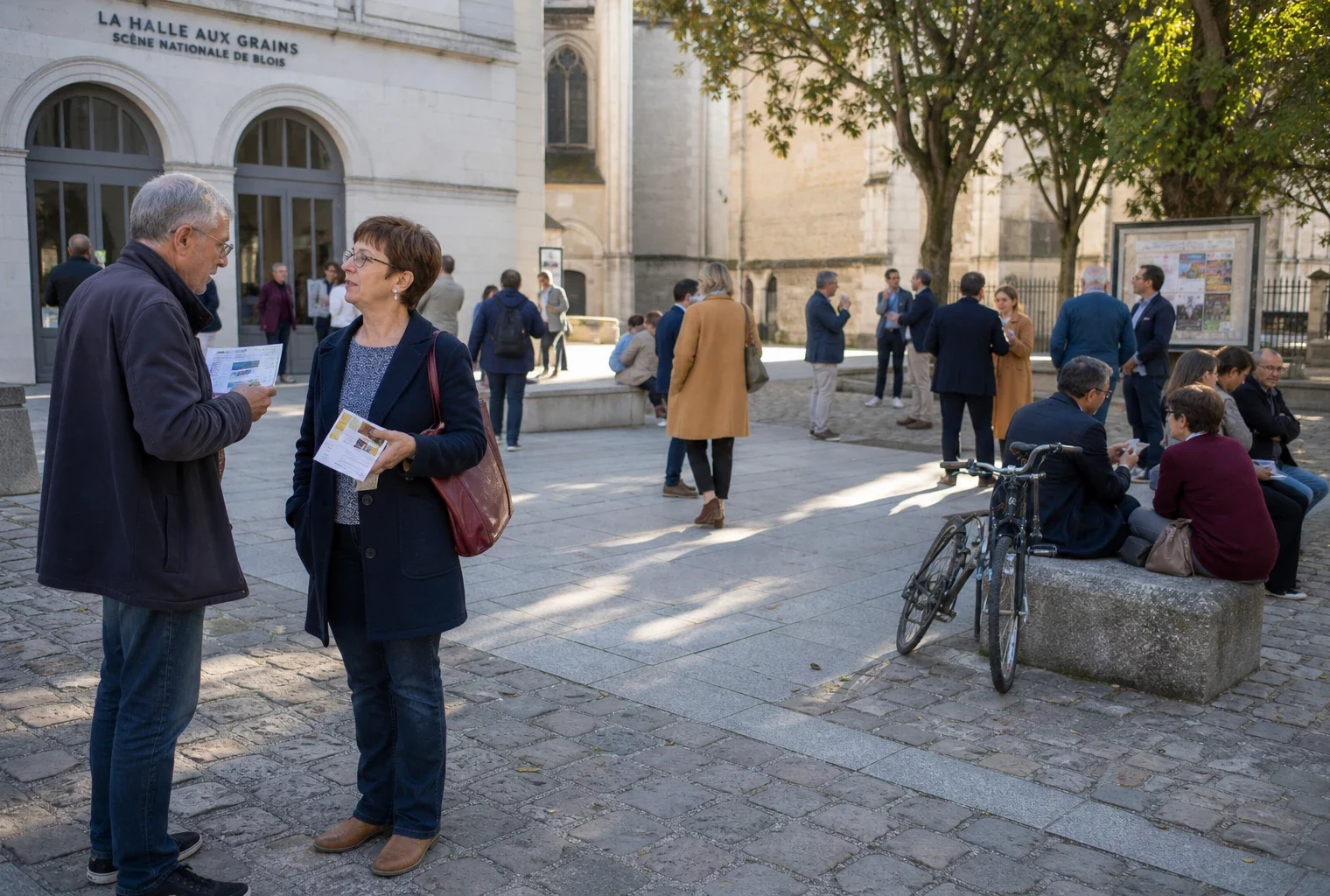 Scène de reportage à Blois avec des participants anonymes réunis devant un équipement culturel municipal